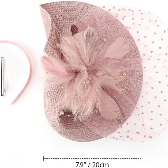 Fascinator Hat Mesh Veil Feathers Women’s Headwear Tea Party Church Vintage - Picture 4 of 7